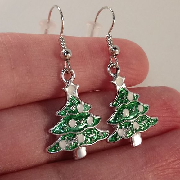 Silver Plated Layered Green Tree Dangle Earrings Women's Party Gift - Picture 2 of 2